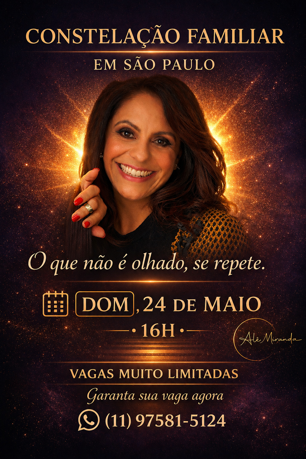 Flyer da Constelação Familiar em São Paulo, dia 24 de maio às 16h, com Alê Miranda.